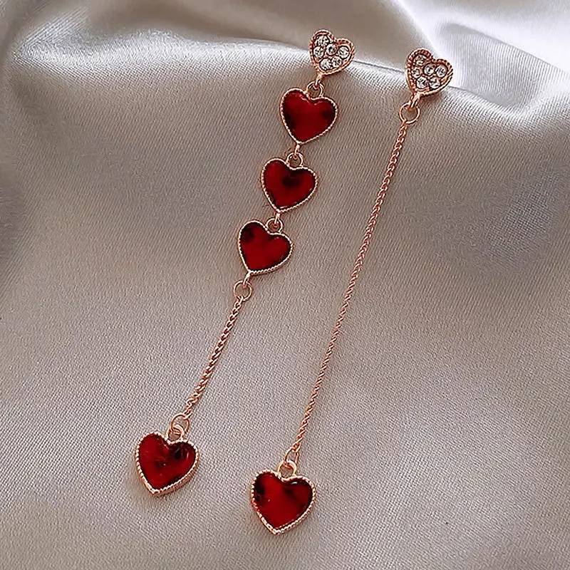 Long Chain Heart Stud Earrings for Valentine's Day