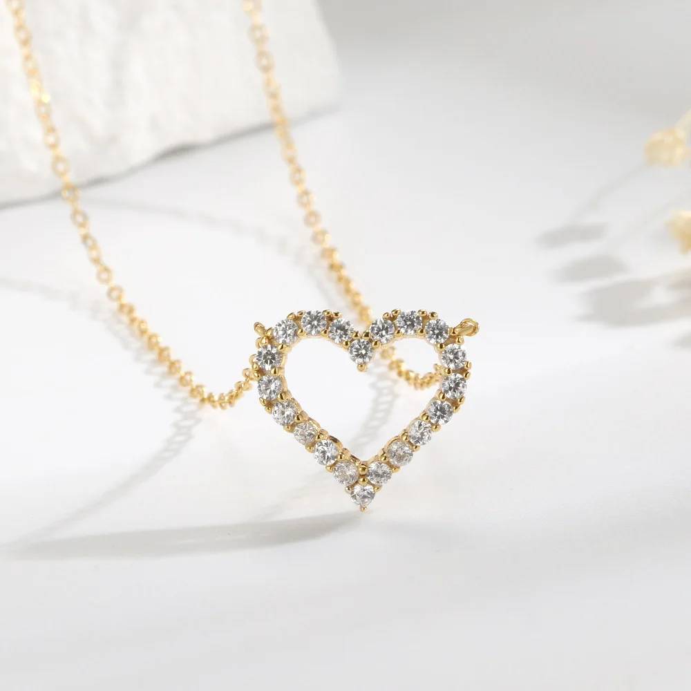 Hot Sale Fine Jewelry 14k Gold Plated Shiny 925 Sterling Silver Zircon Heart Pendant Necklace for Valentine's Day Gift