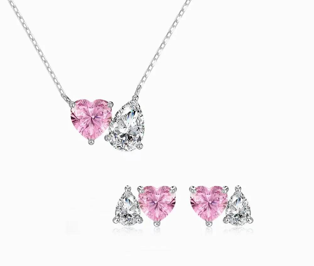 New Style 925 Sterling Silver Stud Necklace Earrings Heart-shaped Water Drops Fashion Jewelry Set for Valentine Day