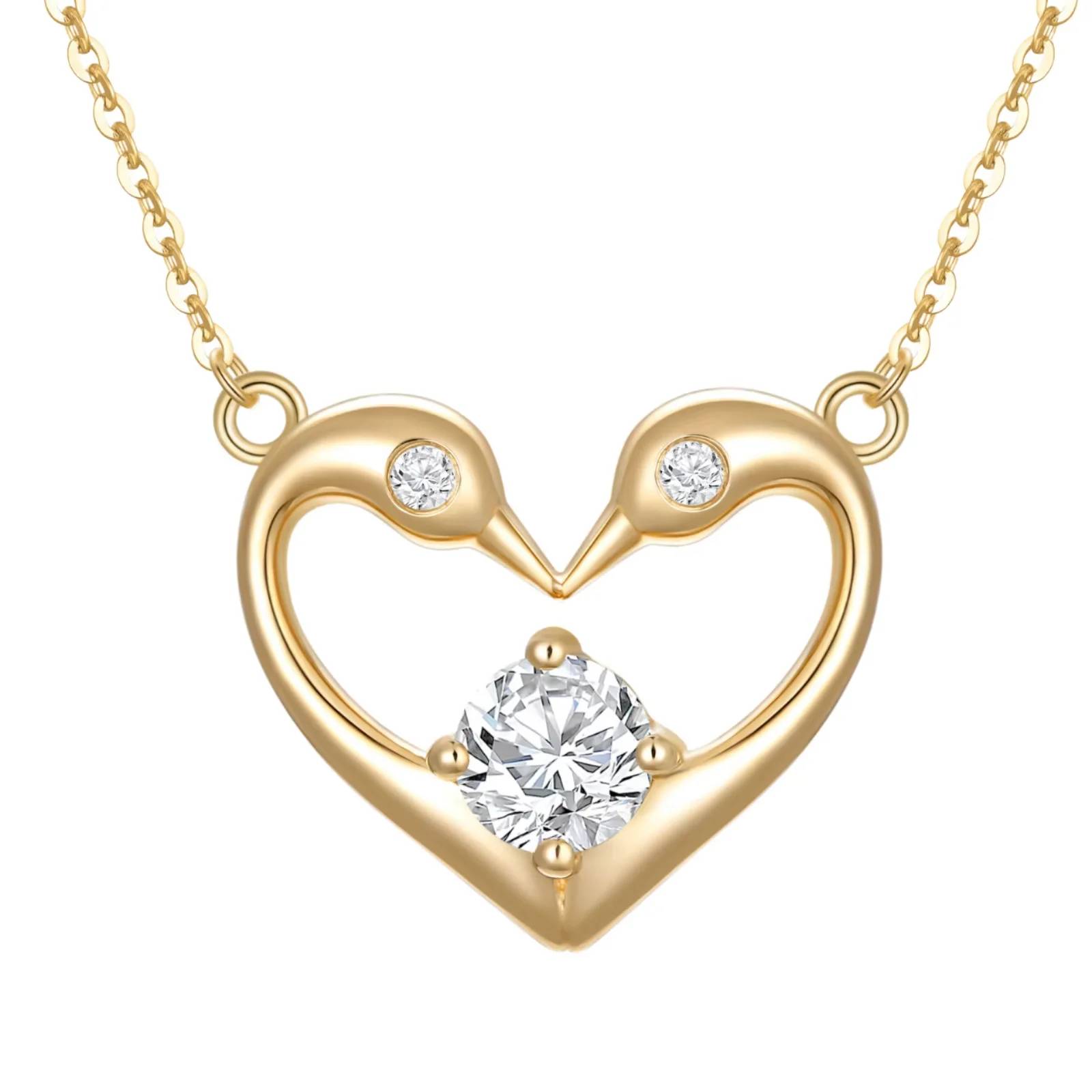 Love Heart Couple Swans Valentine's Day Gift Prong Setting Zircon Gold Plated Pendant Necklace for Women