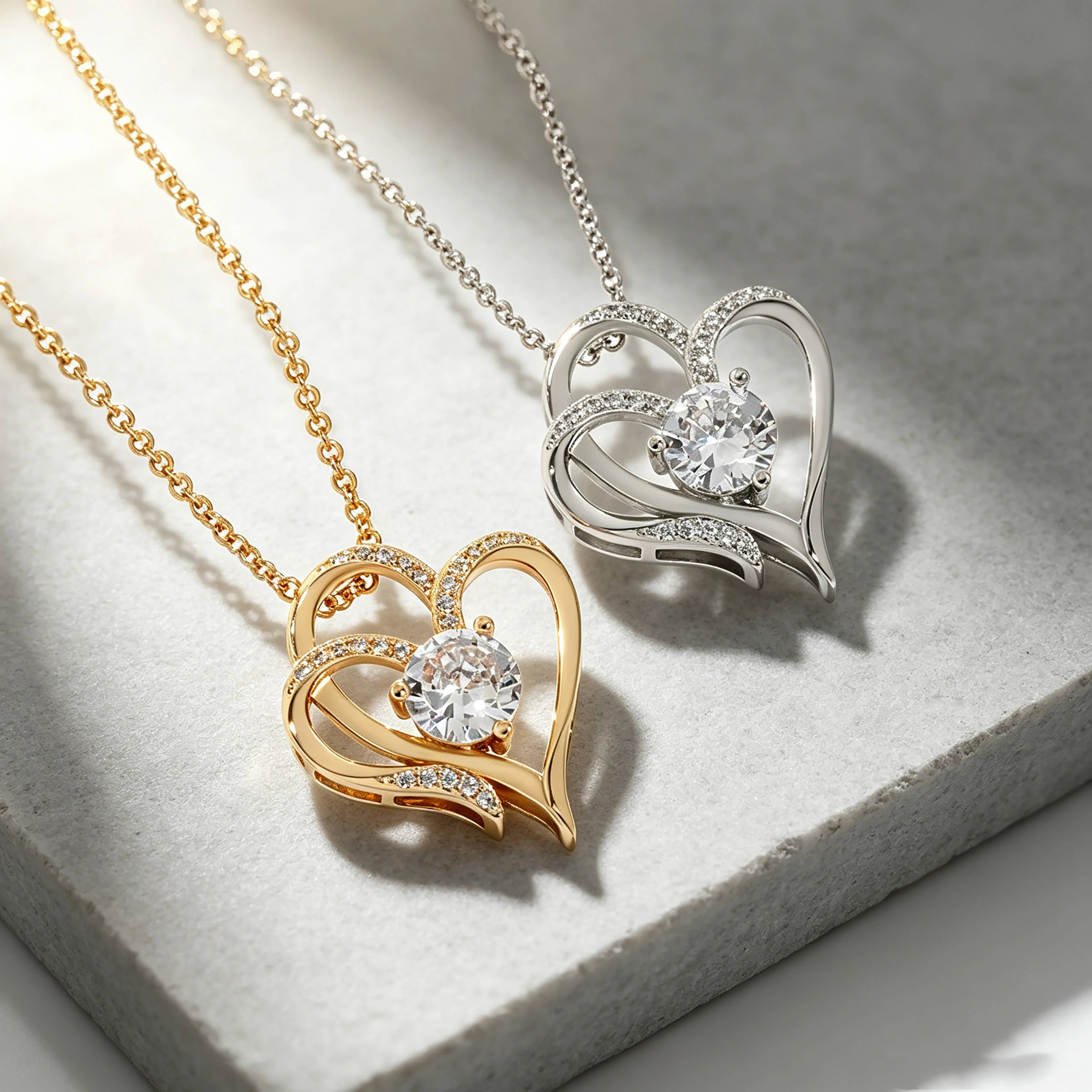 Copper Gold Rhodium Plated Zircon Link Intertwined Double Heart Pendant Necklace Love Charm Jewelry Valentine Gift Women