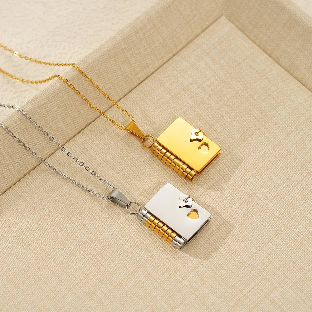18K Gold Plated Stainless Steel Locket Necklace Heart Book Shape Openable Photo Necklace Romantic Couple Valentine Gift Jewelry