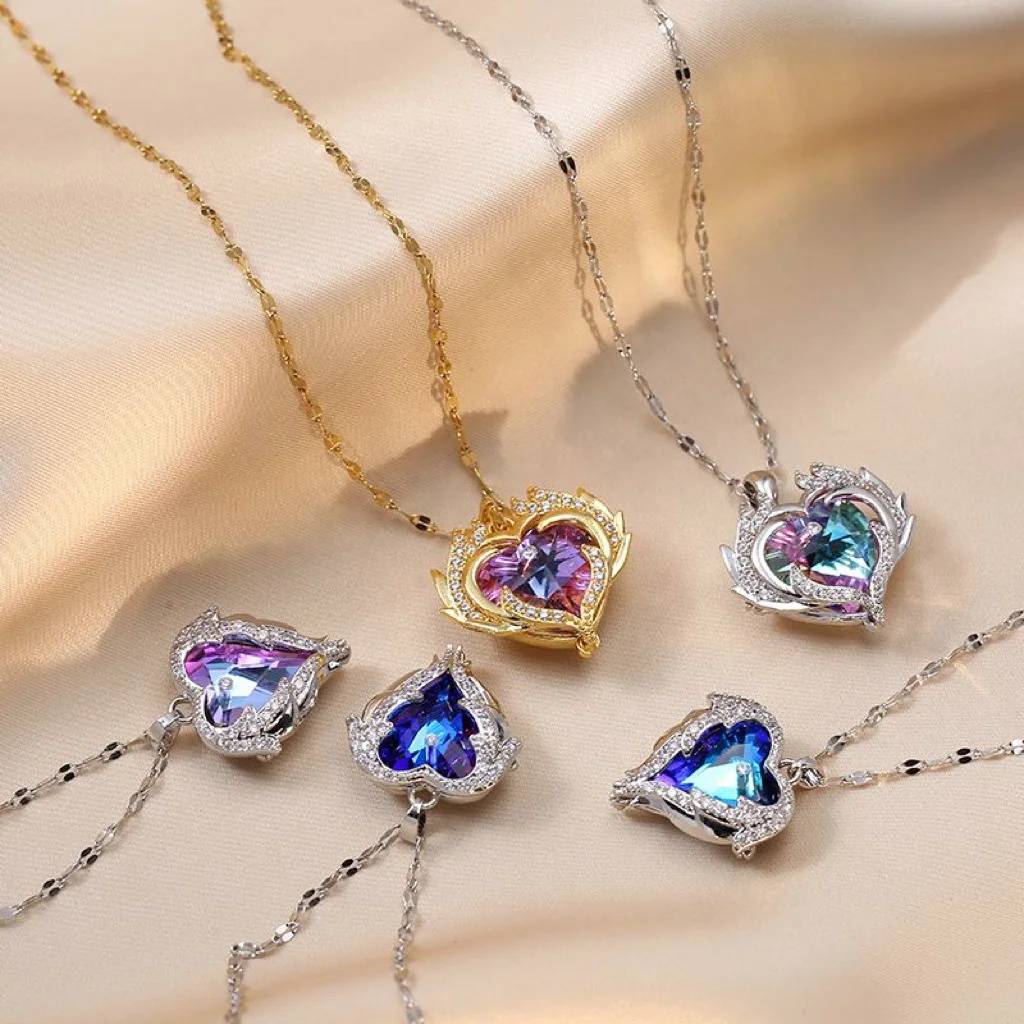 Colorful Ocean Romantic Heart Pendant Women's Gold Plated Stainless Steel Water-wave Chain Micro Inlaid Zircon Necklace