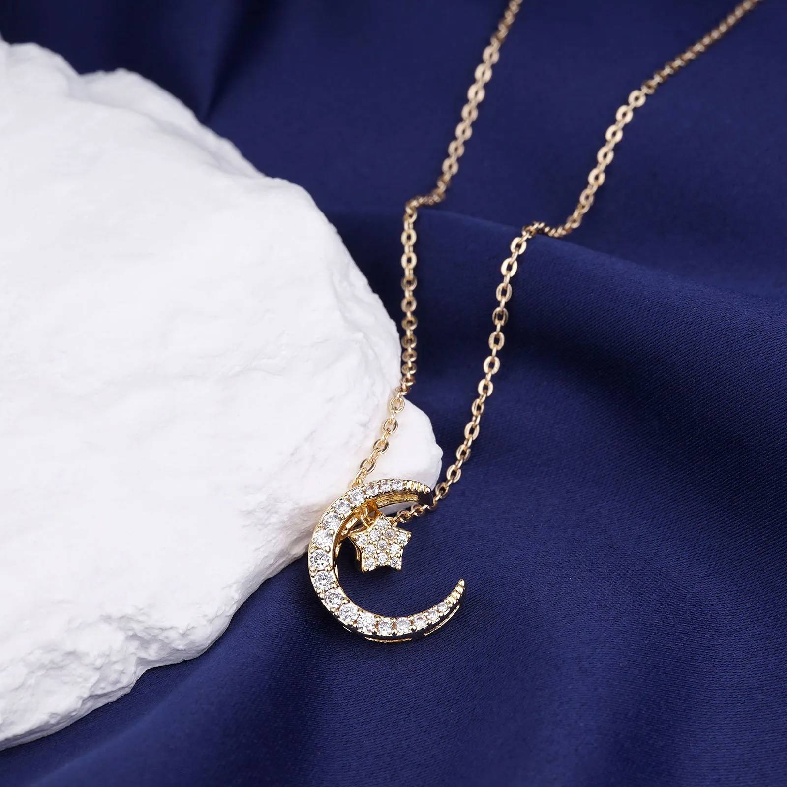 Customized Gold Silver Plated Zircon Crescent Star and Moon Valentines Necklace