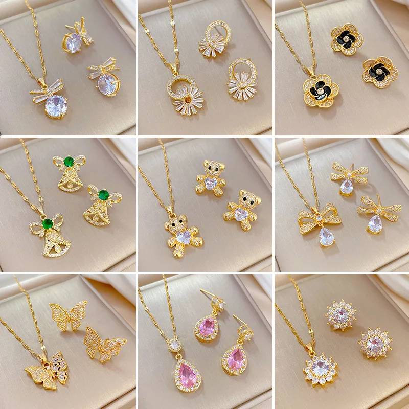 18k Gold Plated Copper Zircon Crystal Pendant Necklace Earrings Jewelry Set for Women Gift