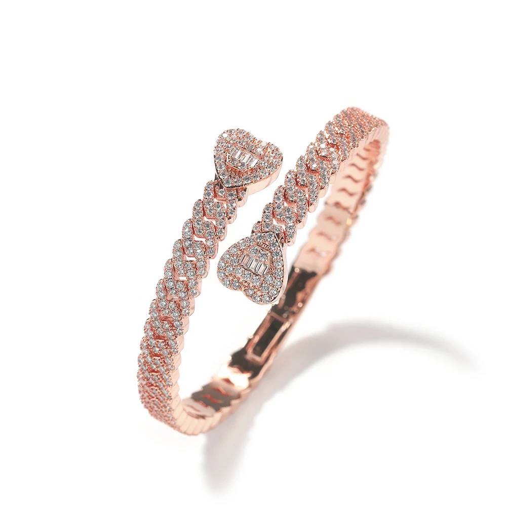 Valentine's Day Gift Cuban Link Heart Bangle Sweet Lovely Bracelets Women Hip Hop Jewelry Brass Iced Out Zircon Bangle