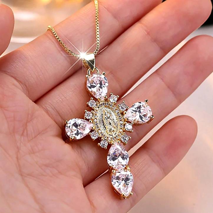 Hot Sale Creative Personalized Holiday Pendant Jewelry Sparkling Full Diamonds Madonna Cross Pendant Necklace Gifts for Women