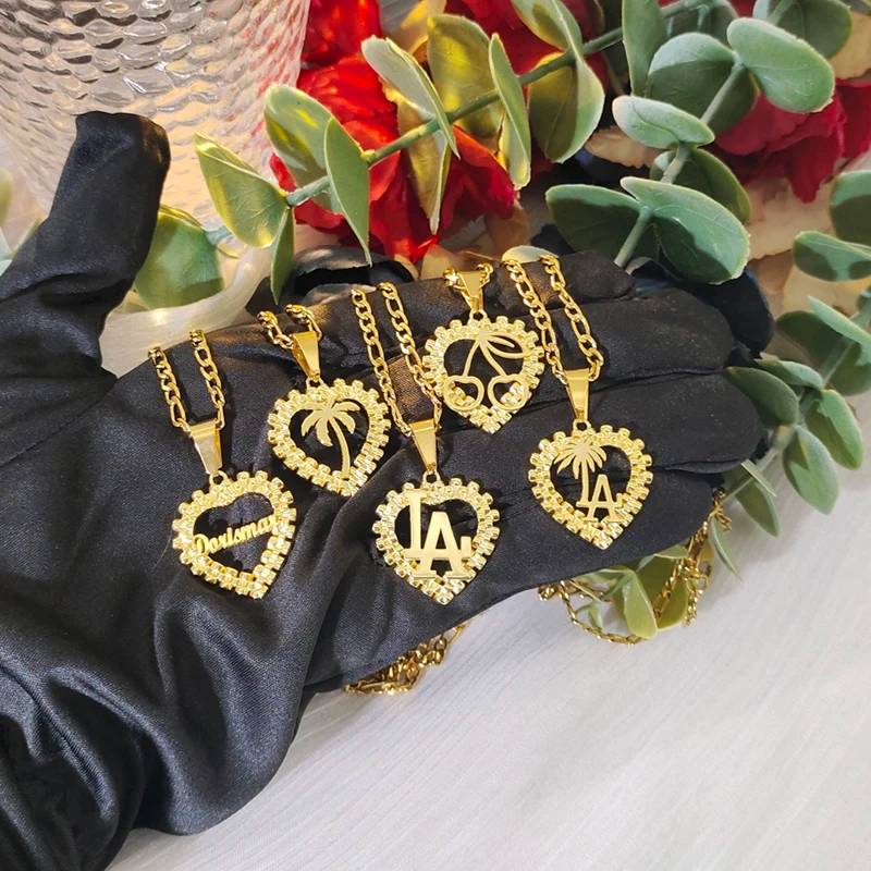 Custom Stainless Steel Cherry Gold Plated Nugget Rollie Heart Frame Cartoon Pendant Necklace Fashion Chain Women Jewelry Gift
