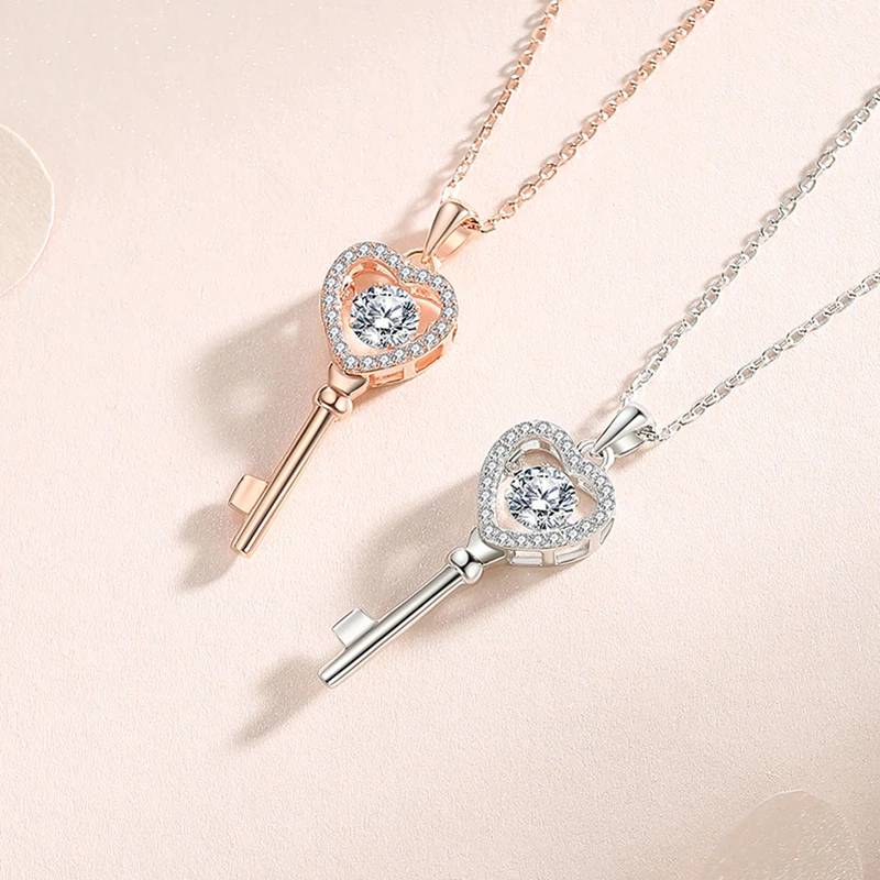 Gold Plated Heart Key Pendant Necklace for Women with Moissanite VVS1 Dainty Chain Valentine's Day Gift