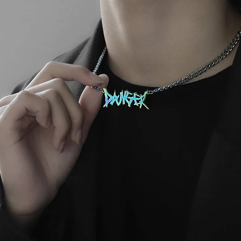 Punk Rock Danger Necklace for Men High Polished Rainbow Color Gothic Danger Pendant Necklace With Miami Cuban Chain Gift for Him