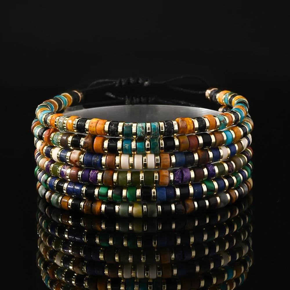 Men's Handmade Boho Bracelet Natural Stone Beads, Adjustable Tribal Style Wristband, Fashion Jewelry Gift for Him