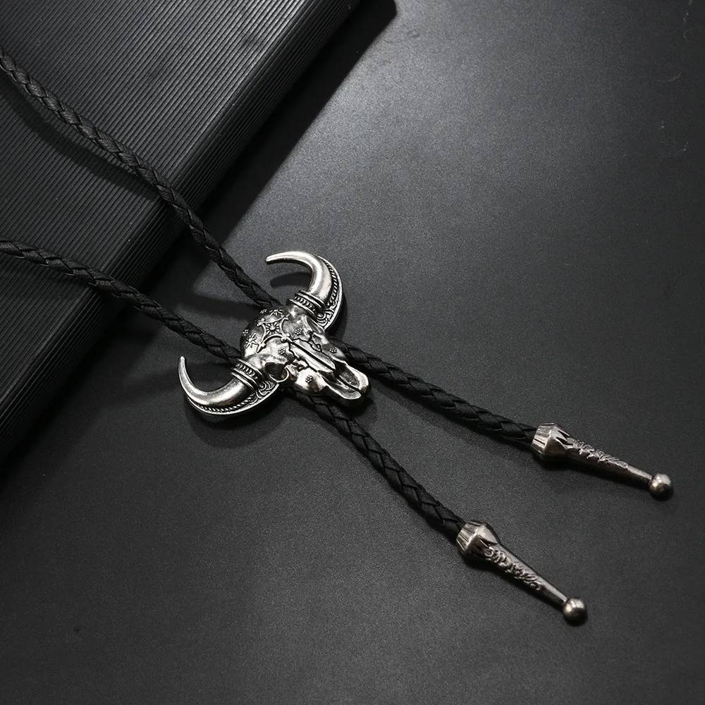 Men's Western Cowboy Necktie with Bull Head Pendant Bolo Tie & Leather Rope Necklace Jewelry Gifts for Him Zinc Alloy Material