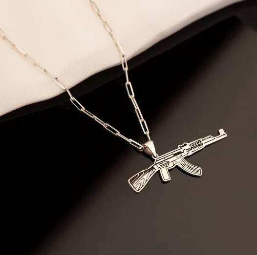 Gun Necklace Submachine Gun Pendant Chain Link Lover Kalashnikov Pendant Gift for Him Handmade Wholesale Jewelry