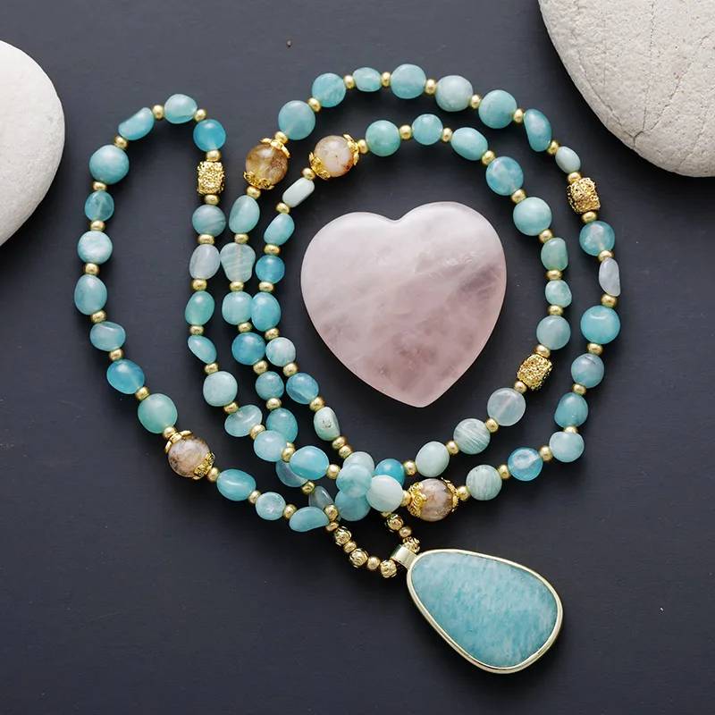 Luxury Bohemia Jewelry Gift for Her Random Shaped Amazonite Beads Pendant Lariat Necklace Inspired by Holidays Nature's Beauty