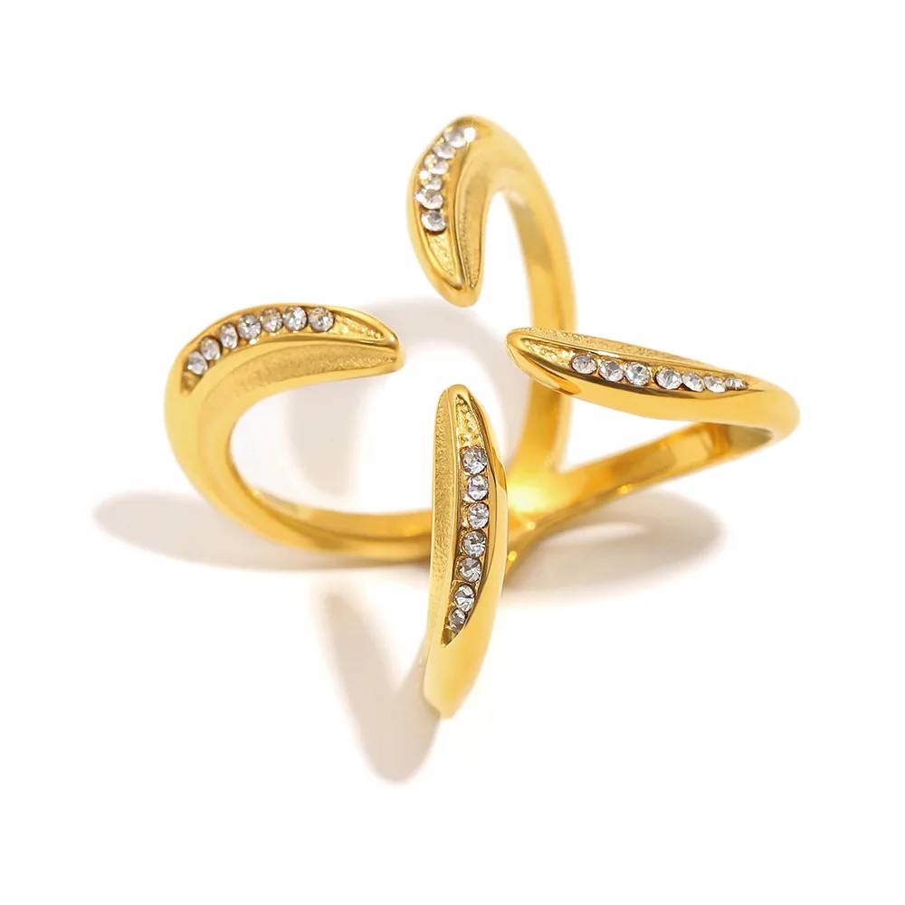 Nuevo diseño: Anillo de acero inoxidable chapado en oro de 18 quilates con cuatro puntas y cruz de cristal, de Lonceen.