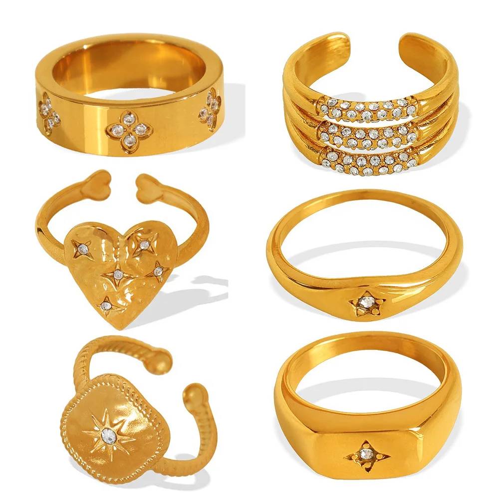 Cincin Grosir Perhiasan Baja Tahan Karat Terbuka Kustom Berlapis Emas Tahan Air, Cincin Perhiasan Batu, Cincin Perhiasan Tidak Dapat Dioksidasi, Cincin Perhiasan Mayor