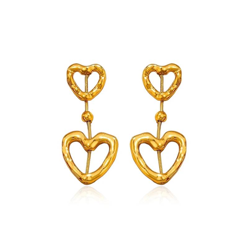 Boucles d'oreilles puces double cœur en acier inoxydable plaqué or 18 carats, design européen