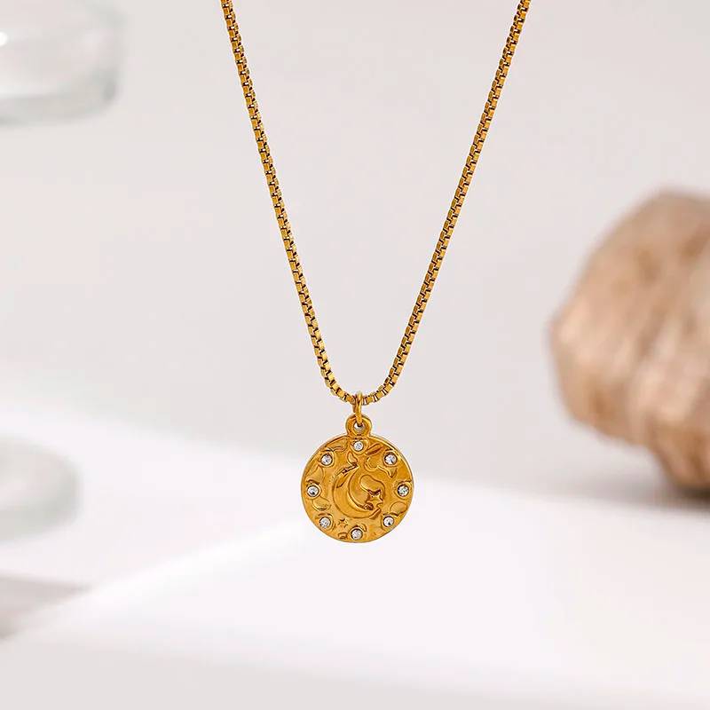 18K Gold Plated Stainless Steel Moon Star Pendant Necklace