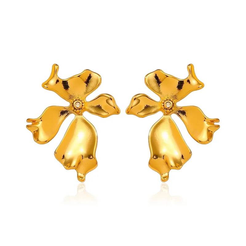 Pendientes de botón con forma de flor exagerada, de estilo europeo americano y a la moda - Acero inoxidable chapado en oro de 18 quilates, resistente al deslustre.
