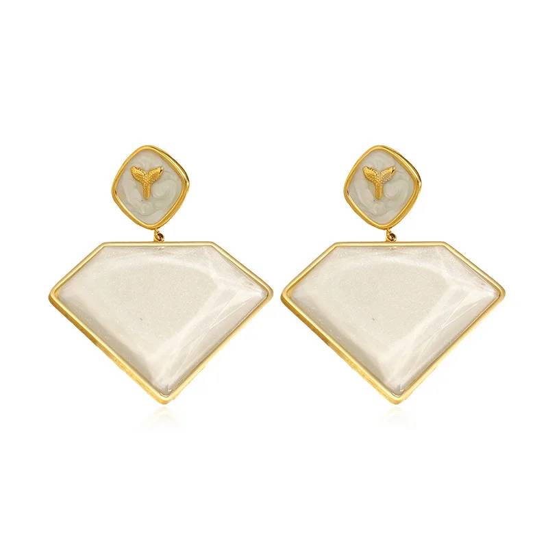 Pendientes colgantes únicos de estilo vintage con forma de diamante esmaltado para mujer - Acero inoxidable chapado en oro de 18 quilates