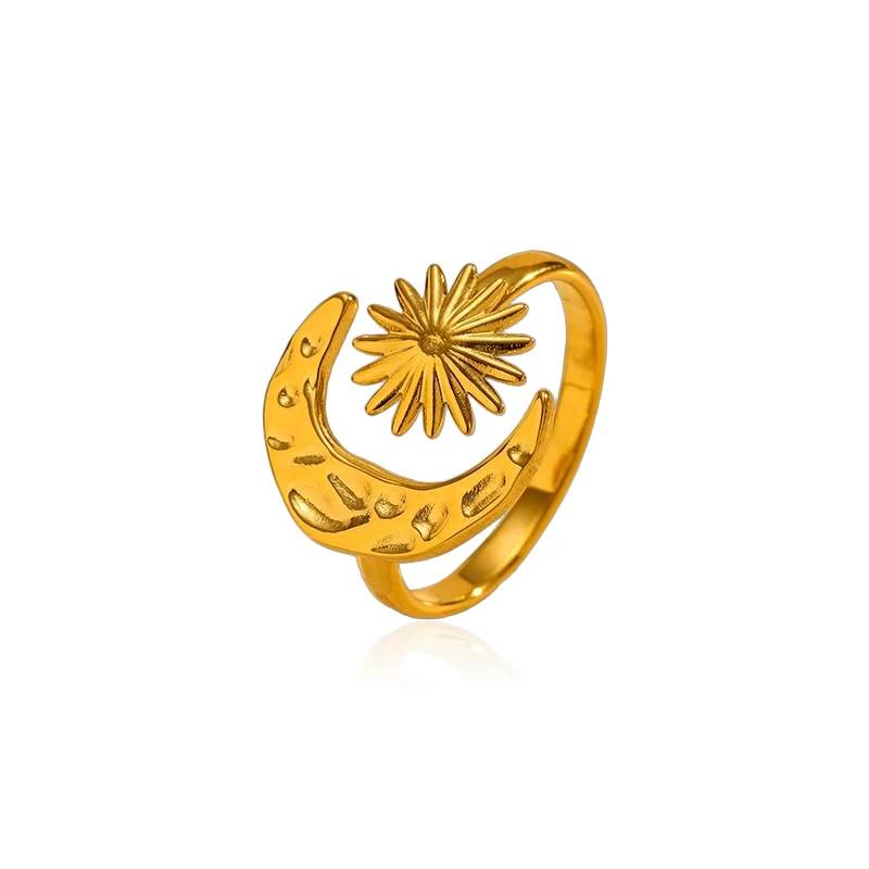 Anillo de acero inoxidable chapado en oro de 18 quilates con diseño de sol y luna de Lonceen, diseño de última moda e impermeable.