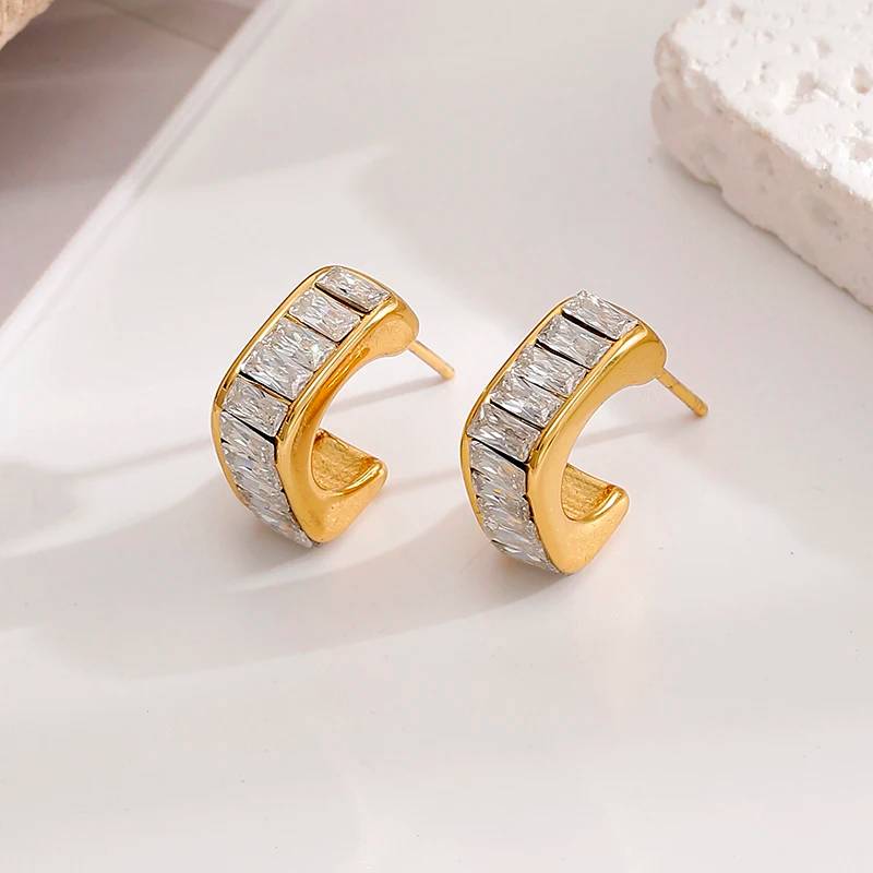 Boucles d'oreilles demi-créoles plaquées or 18 carats, bijoux en acier inoxydable avec zircone cubique