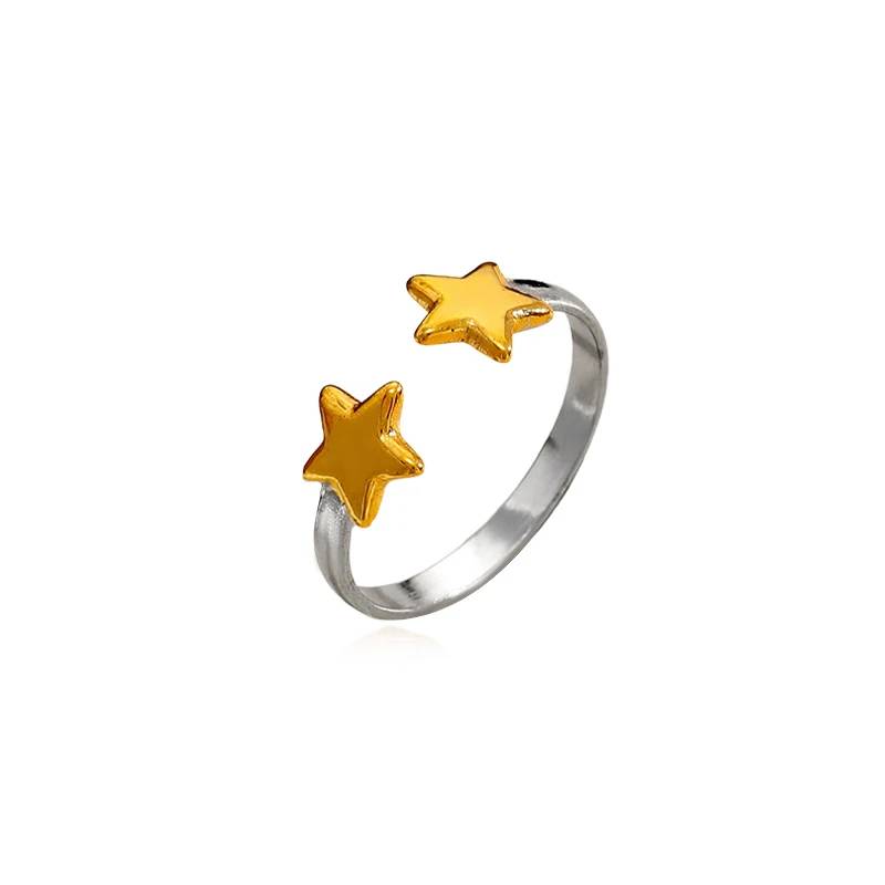 Anillo abierto Lonceen de dos tonos con estrella, chapado en PVD de 18 quilates, acero inoxidable 316L, resistente al agua y ajustable para mujer.