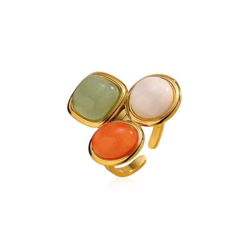 Anillos Lonceen Wholesale de acero inoxidable con baño de oro de 18 quilates y piedras naturales de colores. Anillos de moda para mujer.