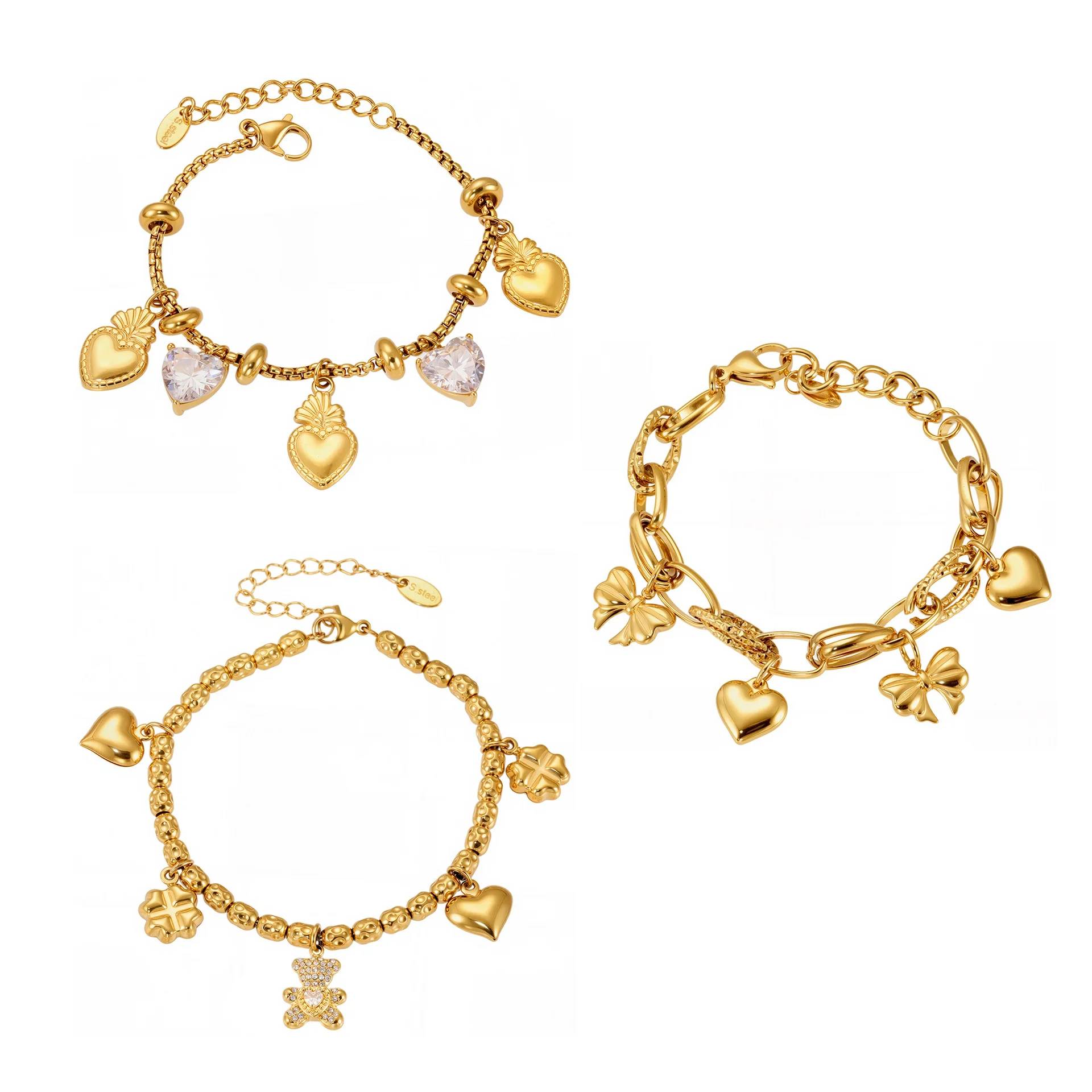 Conjunto de pulsera y cadena con colgante de corazón y lazo de acero inoxidable chapado en oro de 18 quilates de alta calidad.