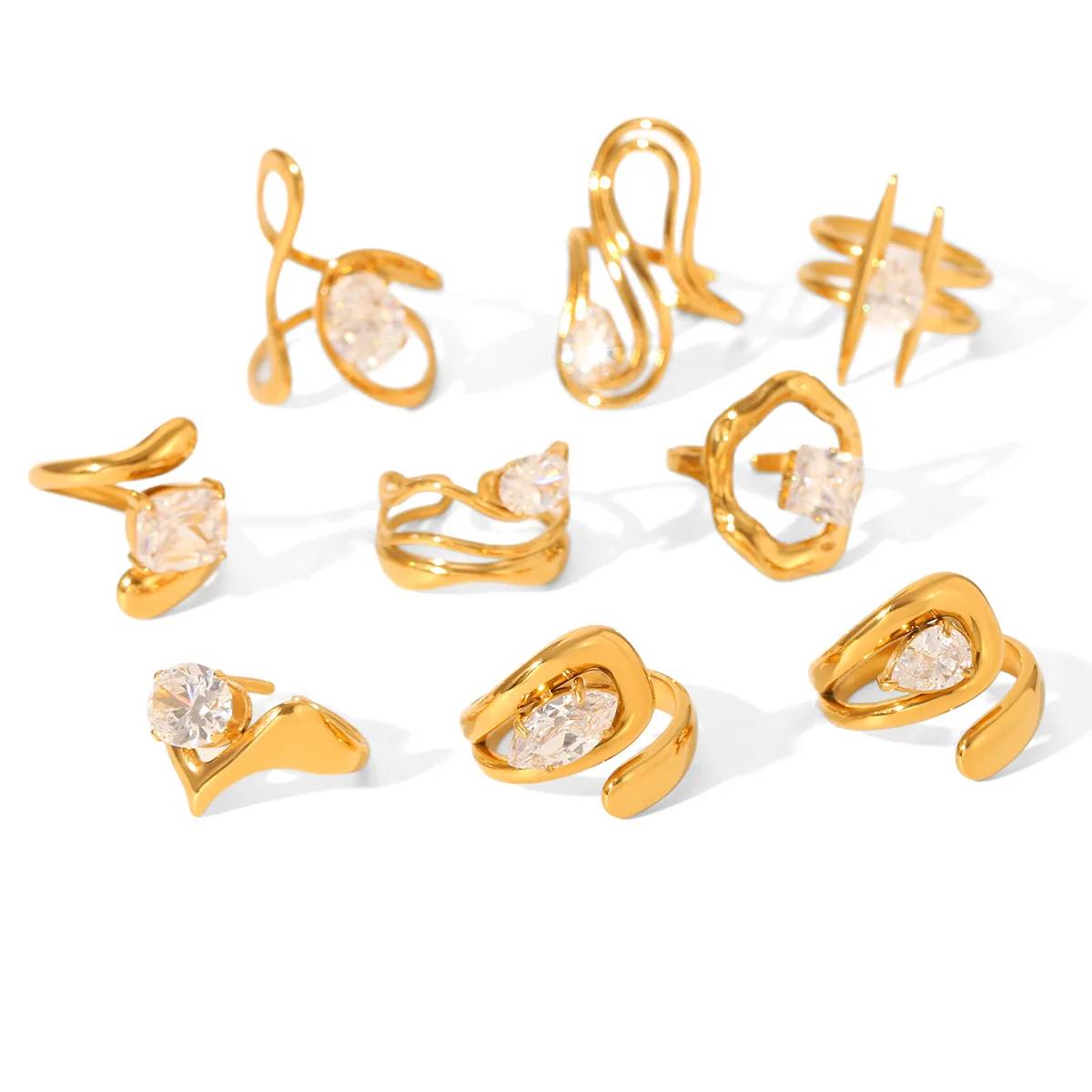 Conjunto de anillos Lonceen Jewelry Premium de circonita irregular chapada en oro PVD de 18 quilates - Anillos de moda de acero inoxidable que no se empañan para mujer