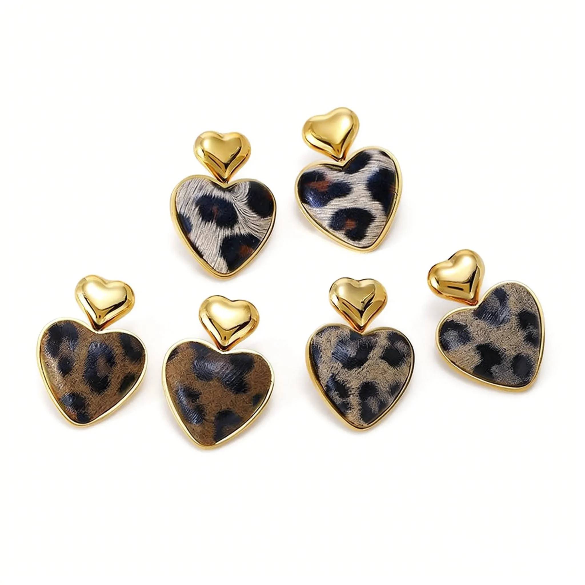 Pendientes de lujo Lonceen de acero inoxidable chapados en oro de 18 quilates con estampado de leopardo en forma de corazón para mujer (venta al por mayor)