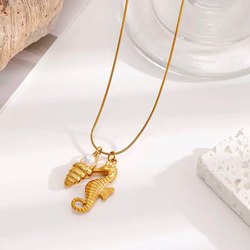 18K Gold Plated Stainless Steel Seahorse Conch Pendant Necklace with Twisted Singapore Chain - Fashionable Ocean Style Women's Party Jewelry Gift