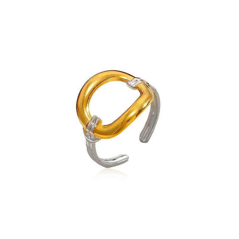 Anillo abierto ajustable ovalado hueco bicolor Lonceen Wholesale, resistente al deslustre, de acero inoxidable chapado en oro de 18 quilates.