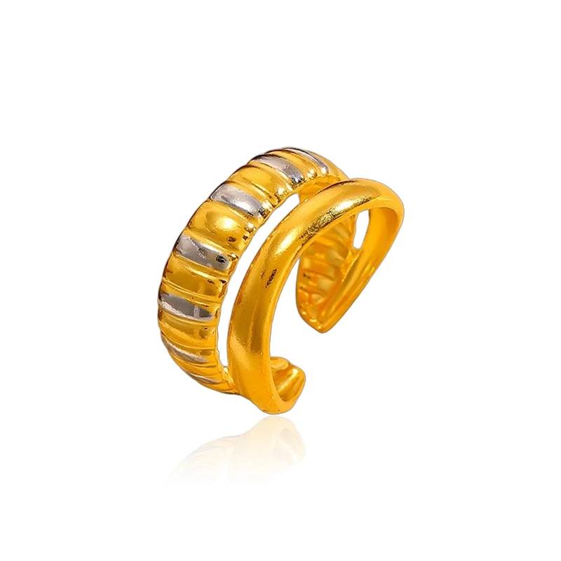Anillo abierto de doble capa de oro de 18 quilates y plata de primera calidad para mujer - Joyería de acero inoxidable resistente al agua y al deslustre