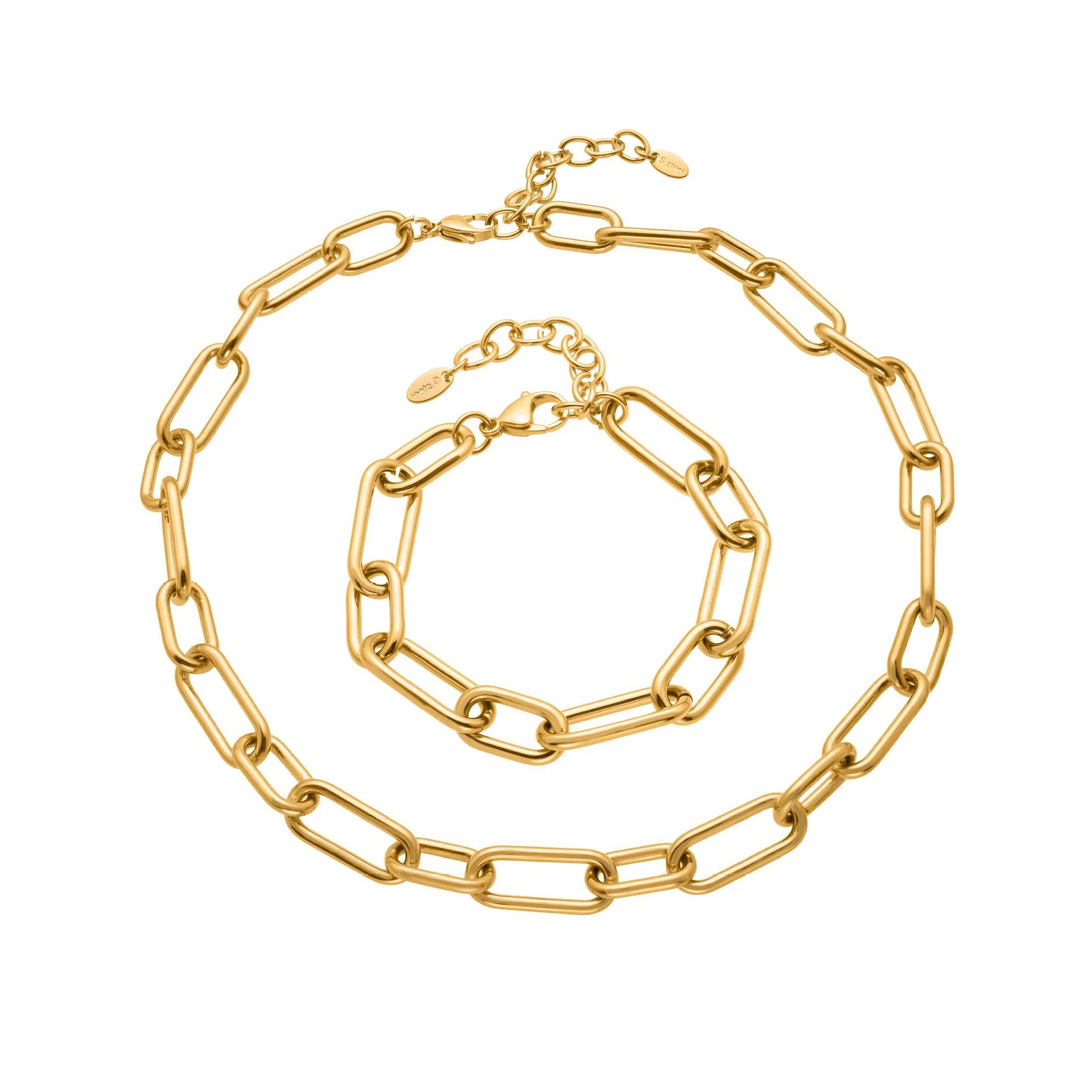 Lonceen Jewelry Premium Handmade Anti-Tarnish Gold-Plated Stainless Steel Thick Paperclip Chain Necklace and Bracelet Set