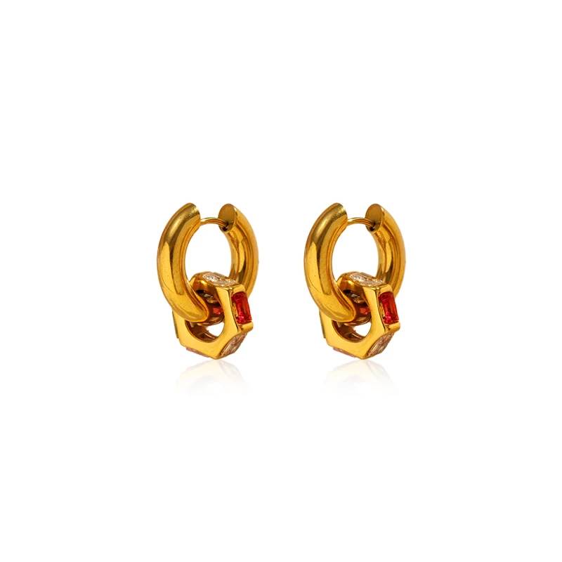 Pendientes de aro clásicos de acero inoxidable chapados en oro de 18 quilates con circonitas para mujer.