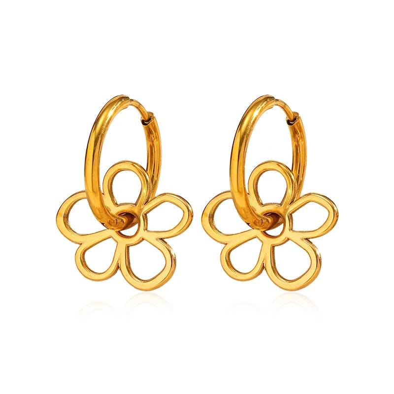 Boucles d'oreilles pendantes en acier inoxydable plaqué or 18 carats, forme de fleur creuse, design unique pour femmes