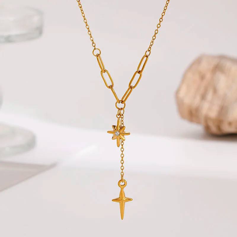 18K Gold Plated Stainless Steel Star Necklace with Sparkling Diamond Pendant and Twisted Singapore Chain for Women