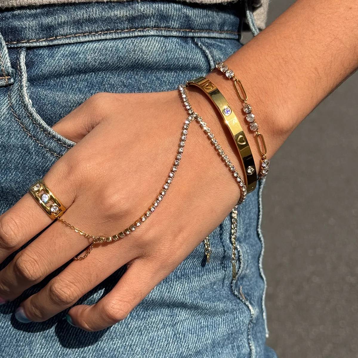 Juego de pulsera y anillo de circón de acero inoxidable 316 chapado en oro de 18 quilates de primera calidad para mujer